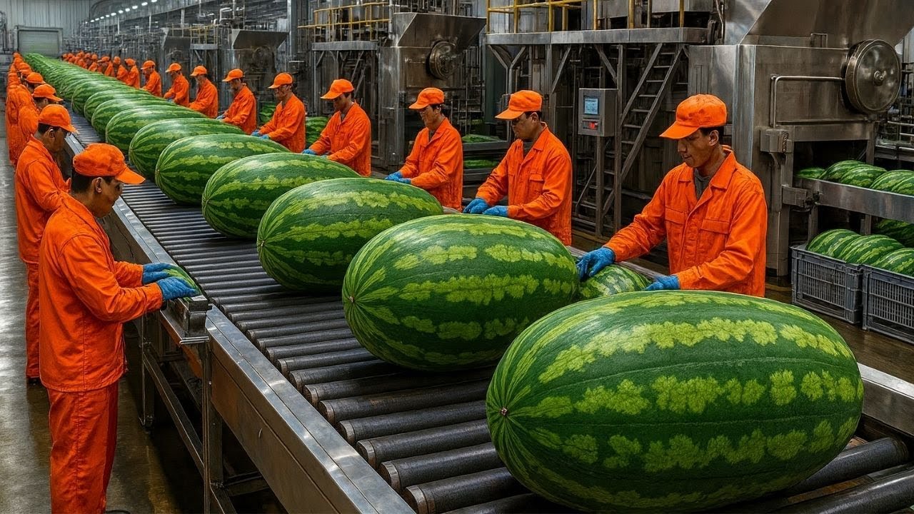 Внутри современной арбузной фабрики: от свежих арбузов до восхитительных десертов (весь процесс)