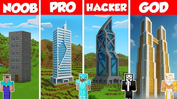 Skyscraper Build Battle Challenge - Noob vs Pro vs Hacker vs God - Minecraft Animation