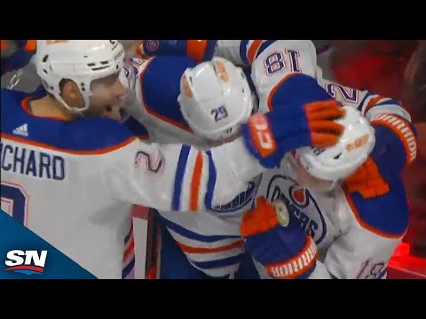 Oilers' Zach Hyman Mobbed By Teammates After Netting 50th Of Season
