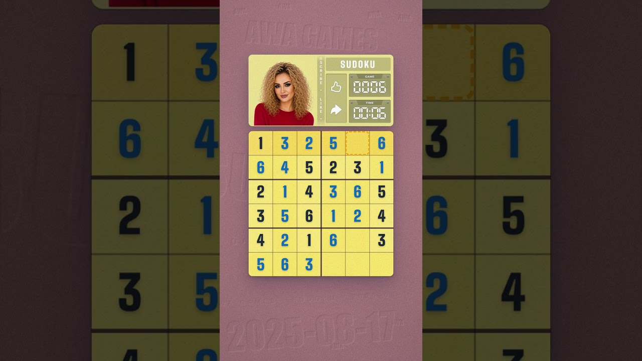 LinkedIn Mini Sudoku #6 solved board for August 17, 2025, 6x6 grid