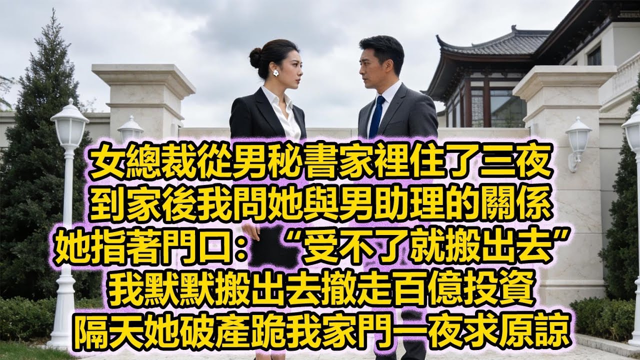 女總裁從男秘書家裡住了三夜，到家後我問她與男助理的關係，她指著門口：“受不了就搬出去”，我默默搬出去撤走百億投資，隔天她破產跪我家門一夜求原諒