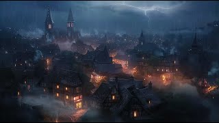 Medieval City Night Ambience | Relaxing Heavy Rain & Thunder Sounds ASMR | Sleep, Work, Study