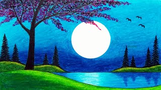 How to Draw Beautiful Moonlight Over the Lake Scenery | Oil Pastels Scenery Drawing