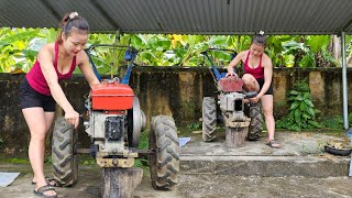 Genius girl repairs D8 diesel engine agricultural tractor to help her neighbor