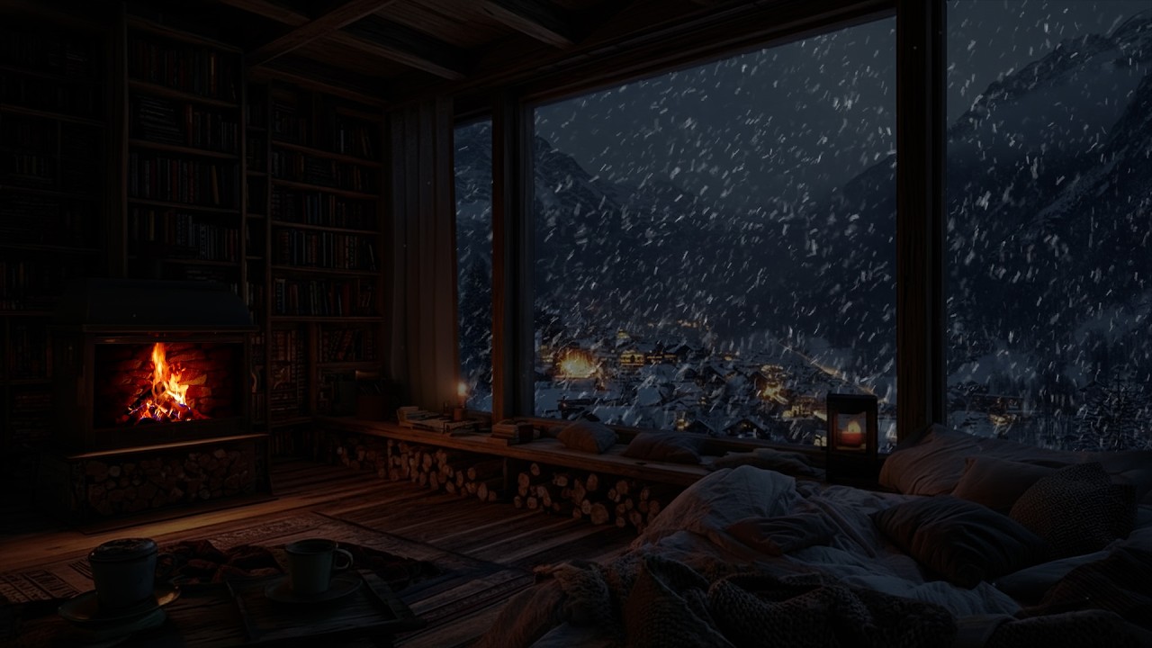 Gentle Winter Snow Drifting by Firelight Glow ❄️ A Quiet and Still Winter Space for Deep Focus