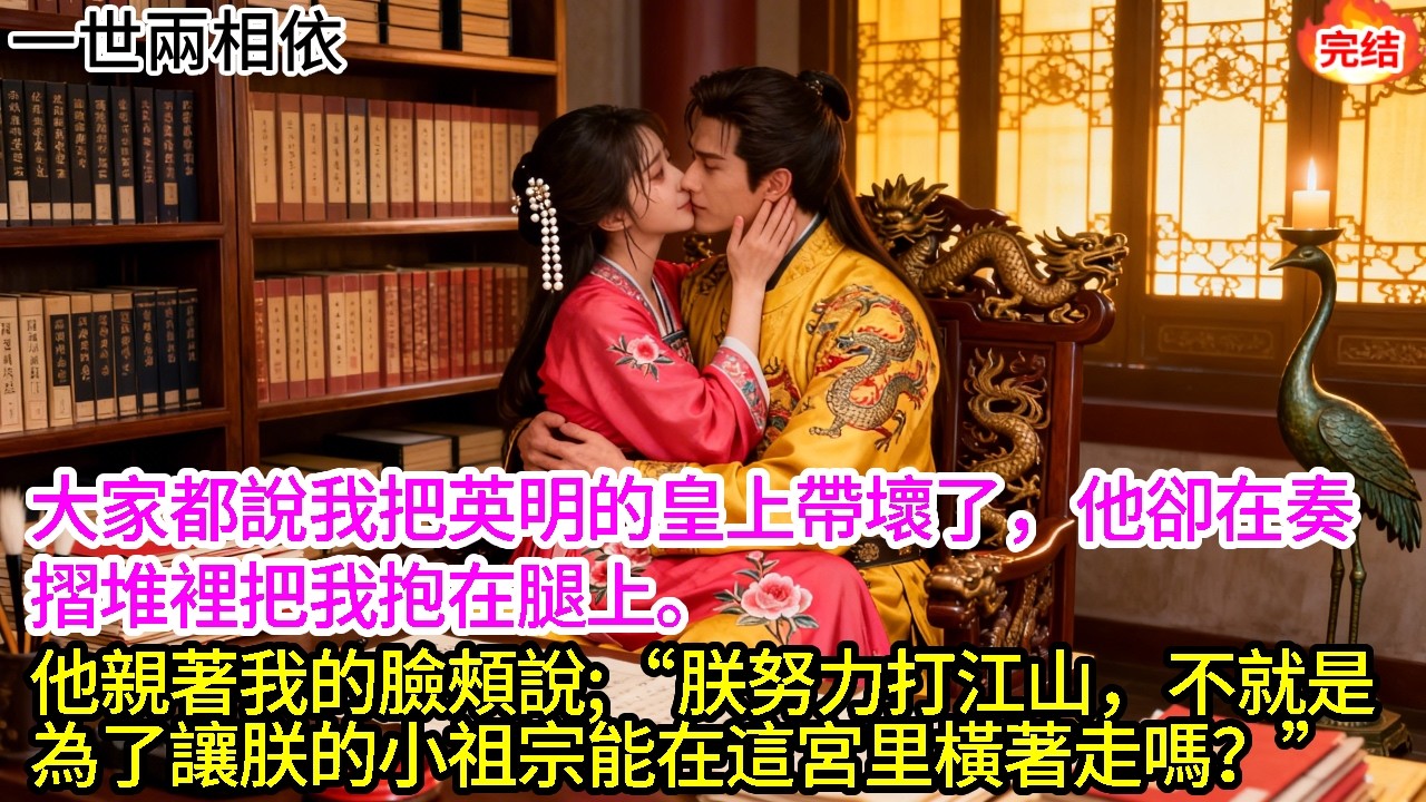 大家都說我把英明的皇上帶壞了，他卻在奏摺堆裡把我抱在腿上。他親著我的臉頰說：“朕努力打江山，不就是為了讓朕的小祖宗能在這宮里橫著走嗎？”#古言#甜文#爽文#一世兩相依