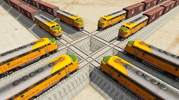 Impossible Four Overlapping Rail Tracks Vs Trains Crossing - BeamNG.Drive