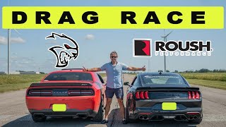 2021 Ford Mustang Roush Stage 3 vs Dodge Challenger Hellcat, drag and roll race!