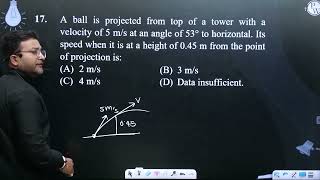 A ball is projected from top of a tower with a velocity of 5 m/s at an angle of 53° to horiz....