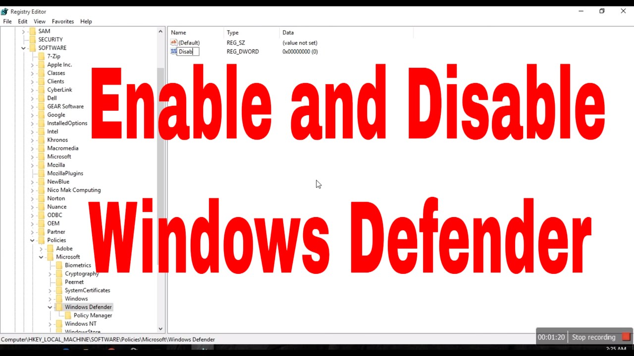 disable windows defender in windows 10 registry