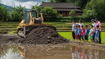 Wonderful Action A New Project! Landfill by skill dozer pushing  soil and team dump trucks unloading
