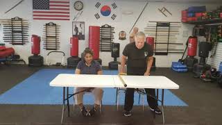 Cane self-defense with drills on when you are sitting down at a table and someone comes at you