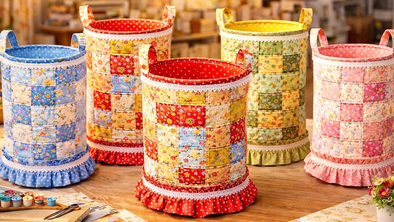 Cozy Patchwork Fabric Storage Baskets | Handmade Home Decor