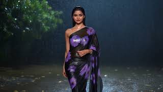 Y Indian Model Wearing Black And Pink Blue Floral Print Saree Walking In Rain Photoshoot