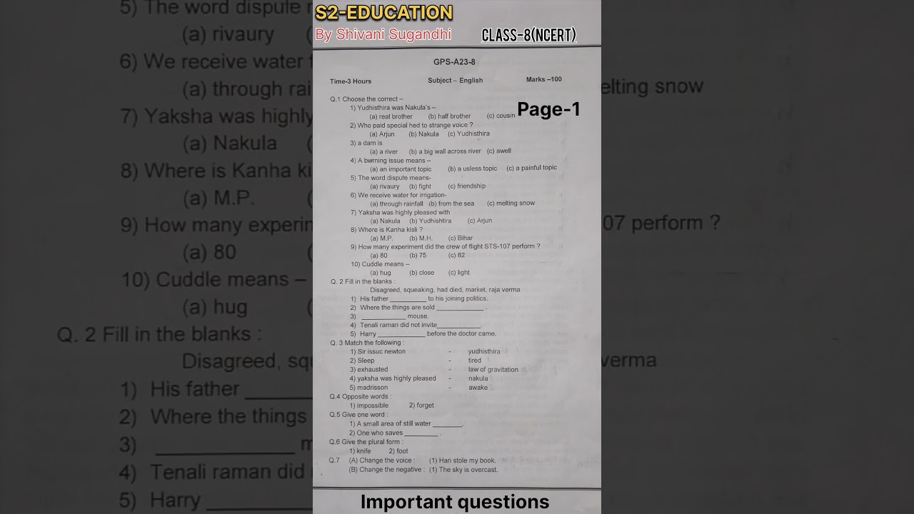 "Class 8 NCERT Important Questions English" 