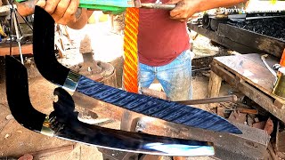 forging Damascus steel knives from wire mesh with handles and sheaths made from buffalo horn