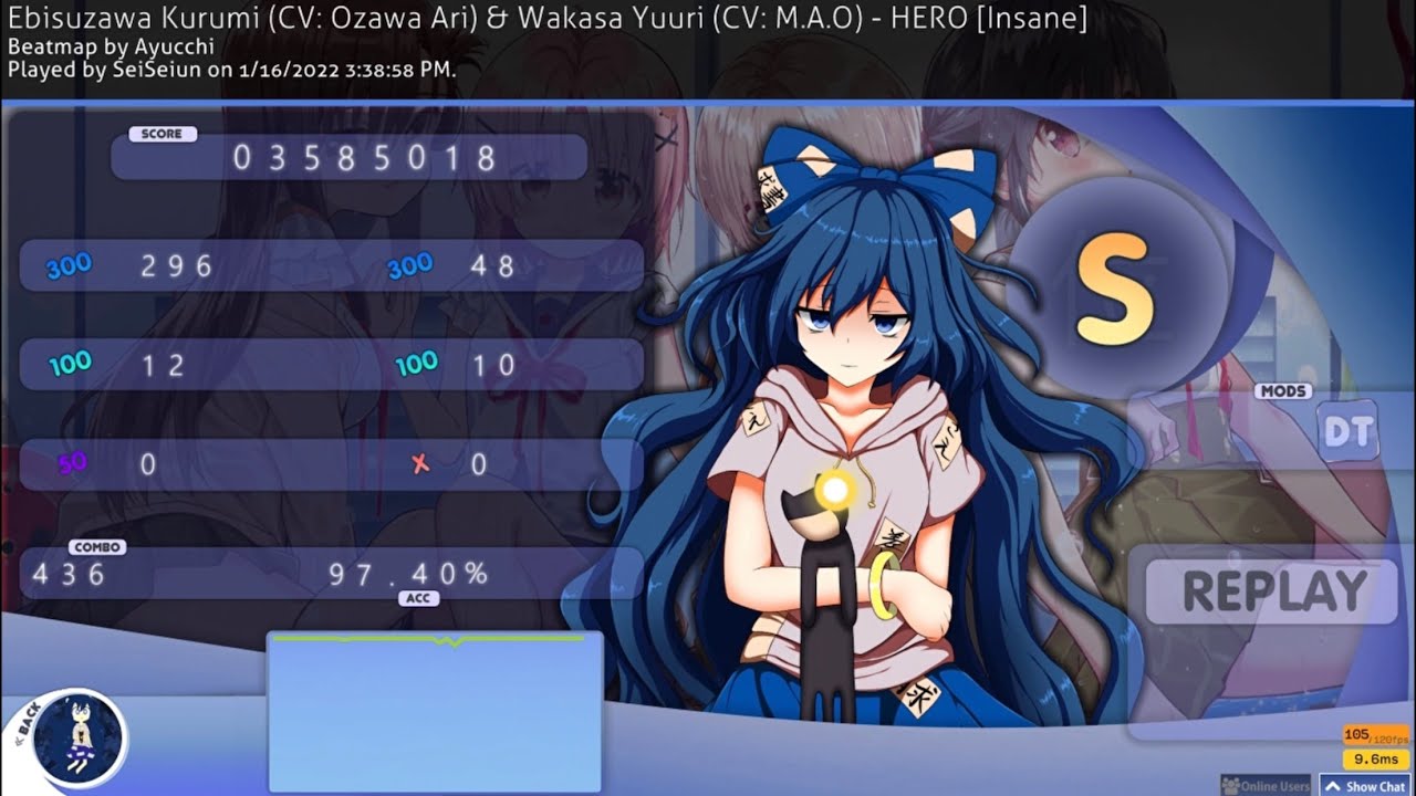 「osu!」HERO [Insane] (Ayucchi) DT 153pp FC (Slider end misses)