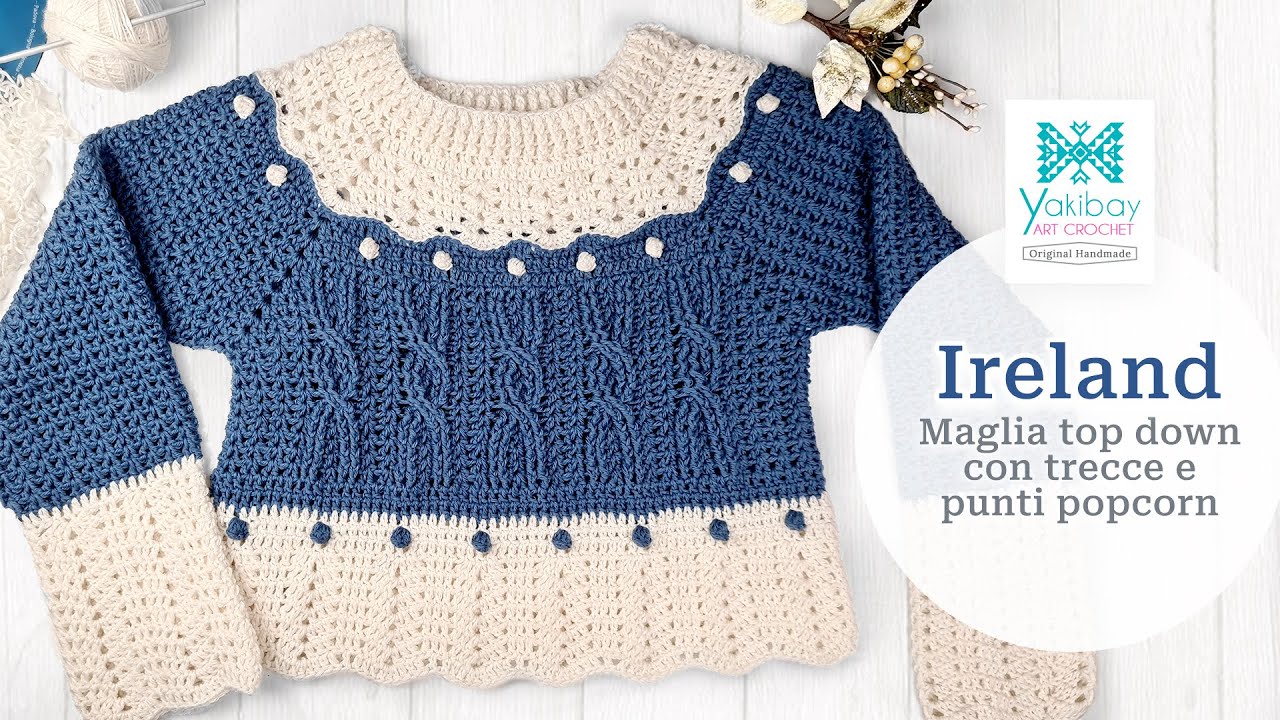 Ireland - Maglia top down con trecce e punti popcorn.