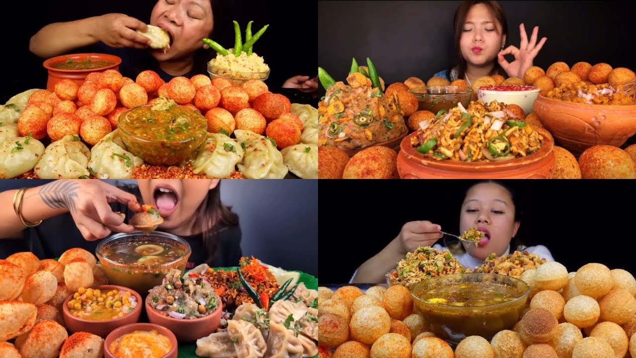 ASMR EATING SPICY PANI PURI  AND MOMOS | PANI PURI EATING CHALLENGE | INDIAN FOOD MUKBANG