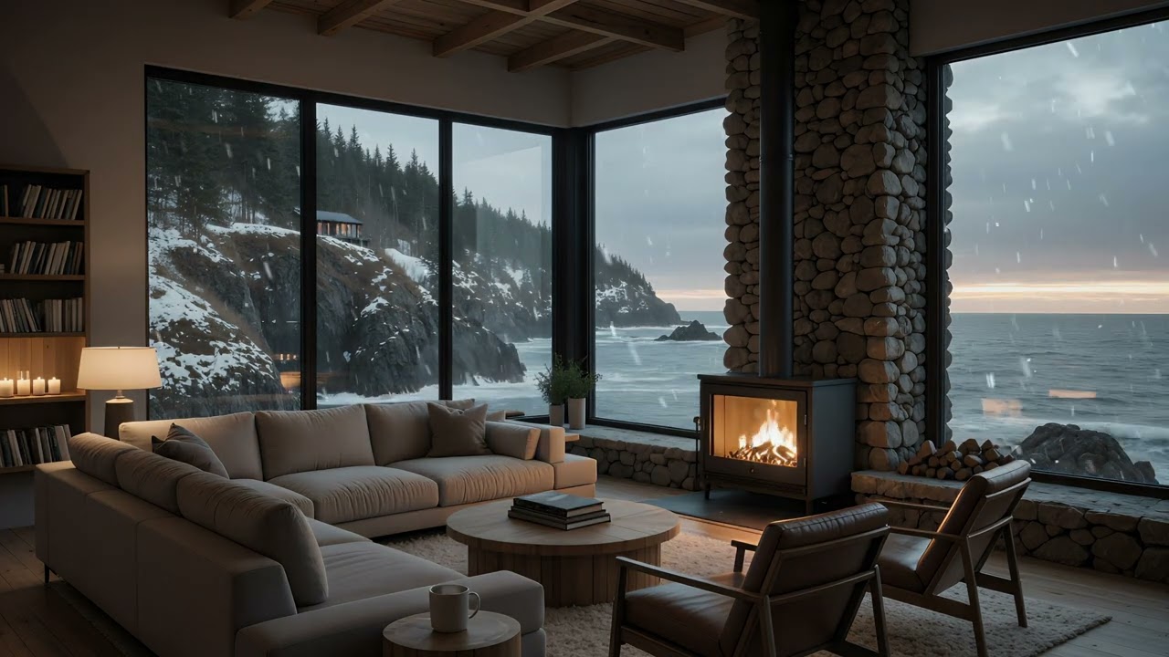 Cozy Snowy Coastal Cabin Fireplace 🔥❄️ | Falling Snow, Crashing Waves & Calm Winter Ambience