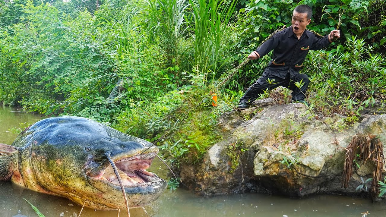 Dwarf Family Fishing Giant Carp in the Stream - Grilling Stream Fish to Survive in the Forest