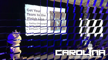 Ballroom convention with stage, truss, video projection, stage lighting, uplighting and pipe & drape