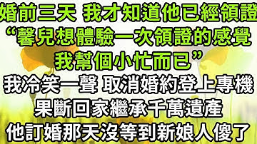 婚前三天 我才知道他已經領證了“馨兒她想體驗一次領證的感覺，我幫個小忙而已”，我冷笑一聲 取消婚約登上專機，果斷回家繼承千萬遺產，他訂婚那天沒等到新娘人傻了