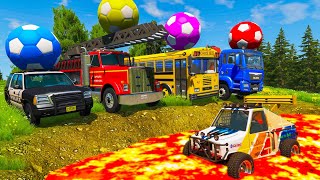 Double Flatbed Trailer Truck rescue Cars - Cars vs Stairs Colors - Flatbed Tractor Transporting Cars