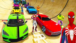 Spiderman Cars Racing Challenge Mega Sea Ramp ! Spiderman Hulk Ironman Goku Sport Car - Gta 5 Mods