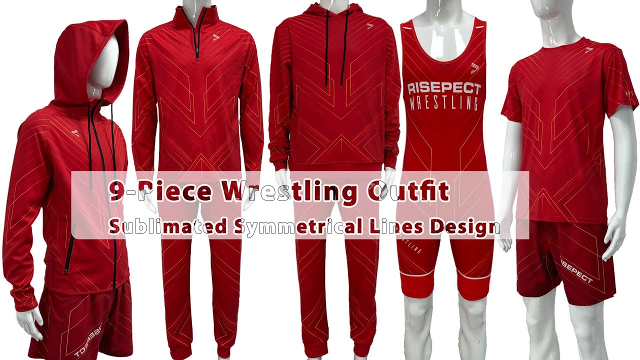 Red Wrestling Gear 9‑Piece Set | Symmetric Line Design | OEM/ODM Custom Team Uniforms