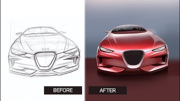 Front view of new car from sketch to rendering