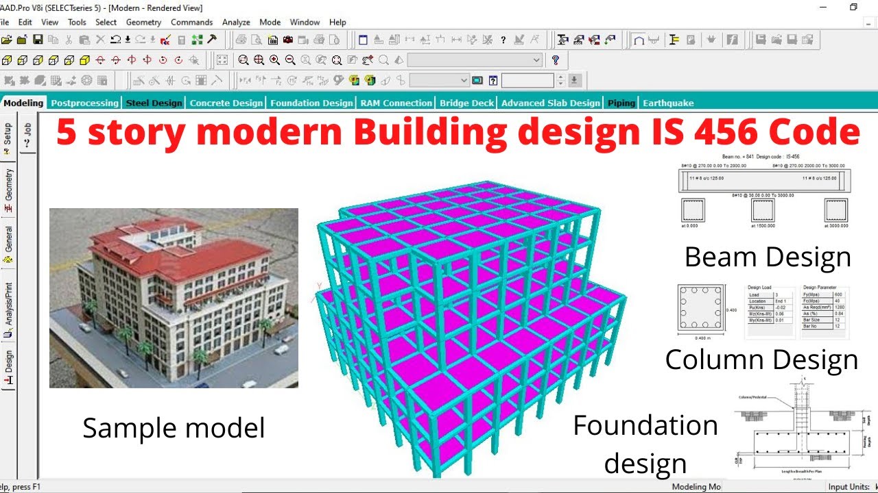 Five story modern Building design by Staad Pro Software as per IS 456 ...