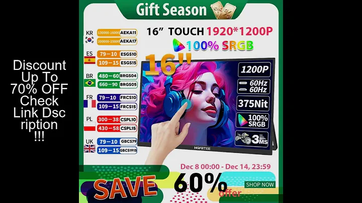 HGFRTEE 16inch Touch Portable Monitor 16:10 96%sRGB 350Cd/m² Second Screen For Laptop With Holder St