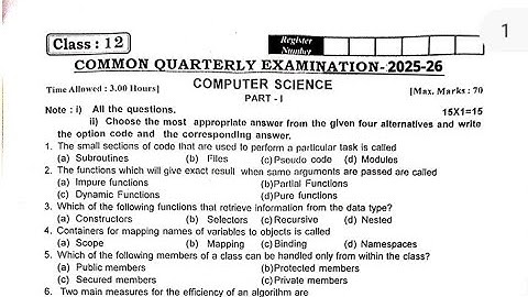 12th std Computer Science Quarterly Exam September-2025 tomorrowExam original Question paper English