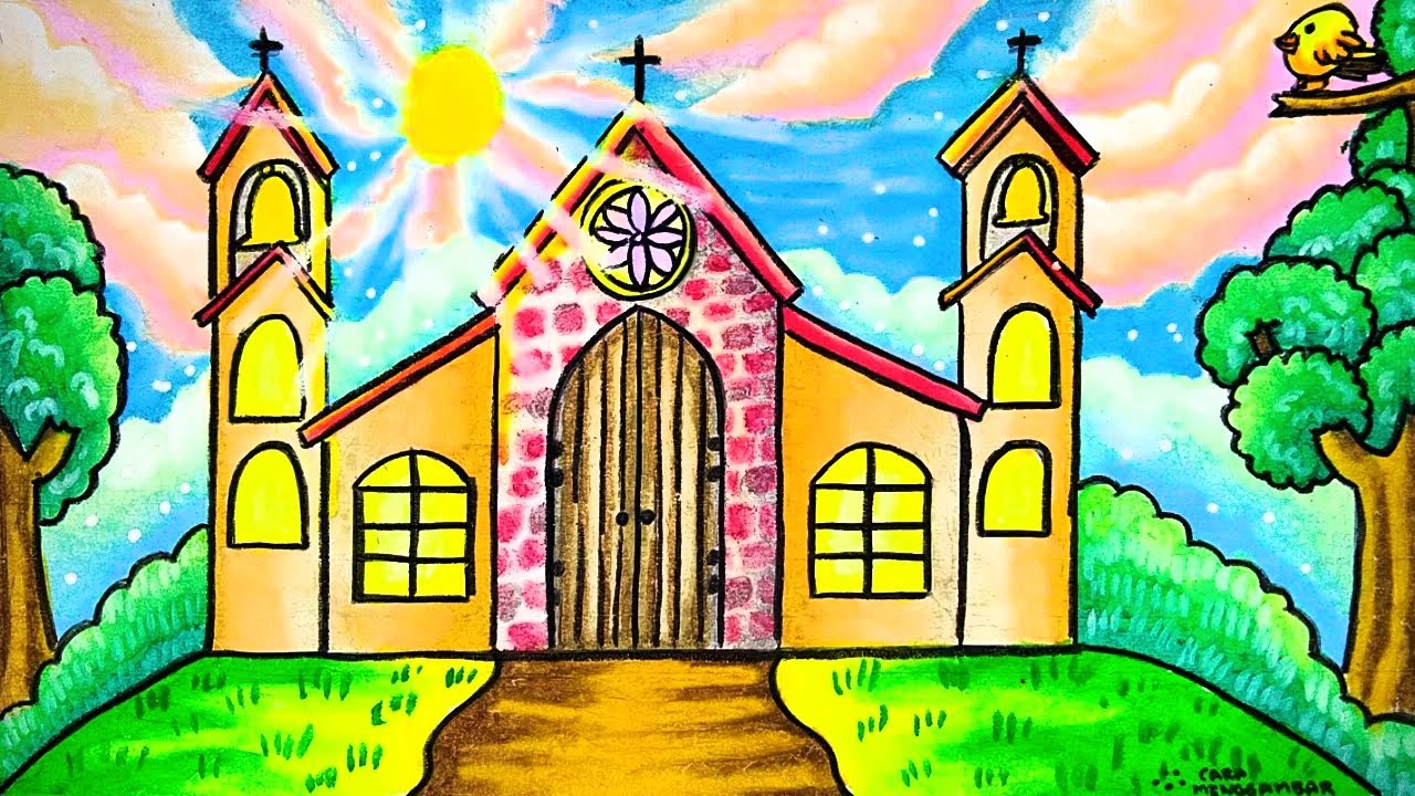 Cara Menggambar  dan Mewarnai Tema  Rumah Ibadah Gereja yang  