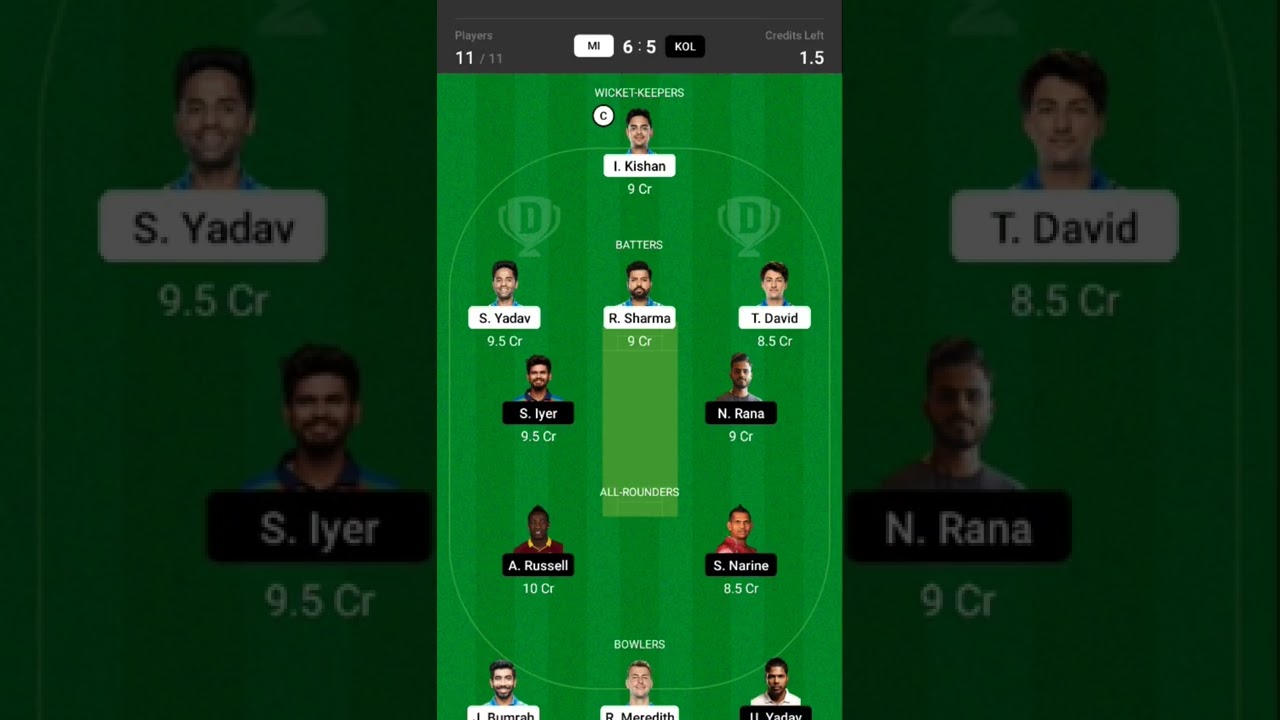 mi vs kol dream11 team mumbai vs kolkata dream11 team prediction | dream11 team of today match