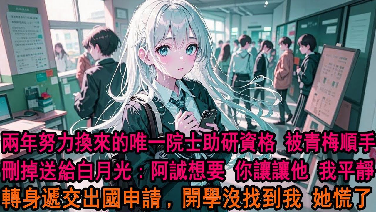 開學報道前夜，青梅擅自取消我全院唯一的助研名額。我質問，柳如煙卻輕描淡寫一句：阿誠想進這個團隊，你成績好再申請就行。把我兩年努力當笑話，我轉身遞交出國申請，她才發現，我的人生她再也插不了手，終於慌了。