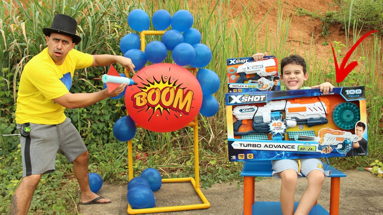 LUCAS E PAPAI BRINCAM com SUPER LANÇADORAS DE DARDOS Xshot