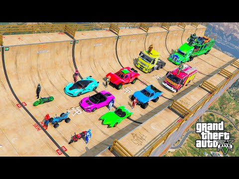 GTA V Stunts A Crazy Long Jump Challenge By Cars, Trucks [GTAV MODS] لعبة جراند القفز من منحدر خطير