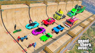 GTA V Stunts a crazy long jump challenge by cars, trucks [GTAV MODS] لعبة جراند القفز من منحدر خطير
