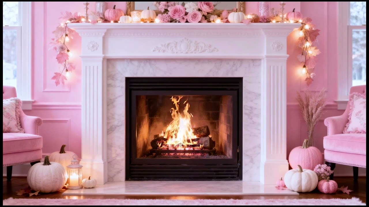 Preppy autumn fireplace ambience 🎀 cozy pink fall harvest aesthetic & crackling fire ASMR