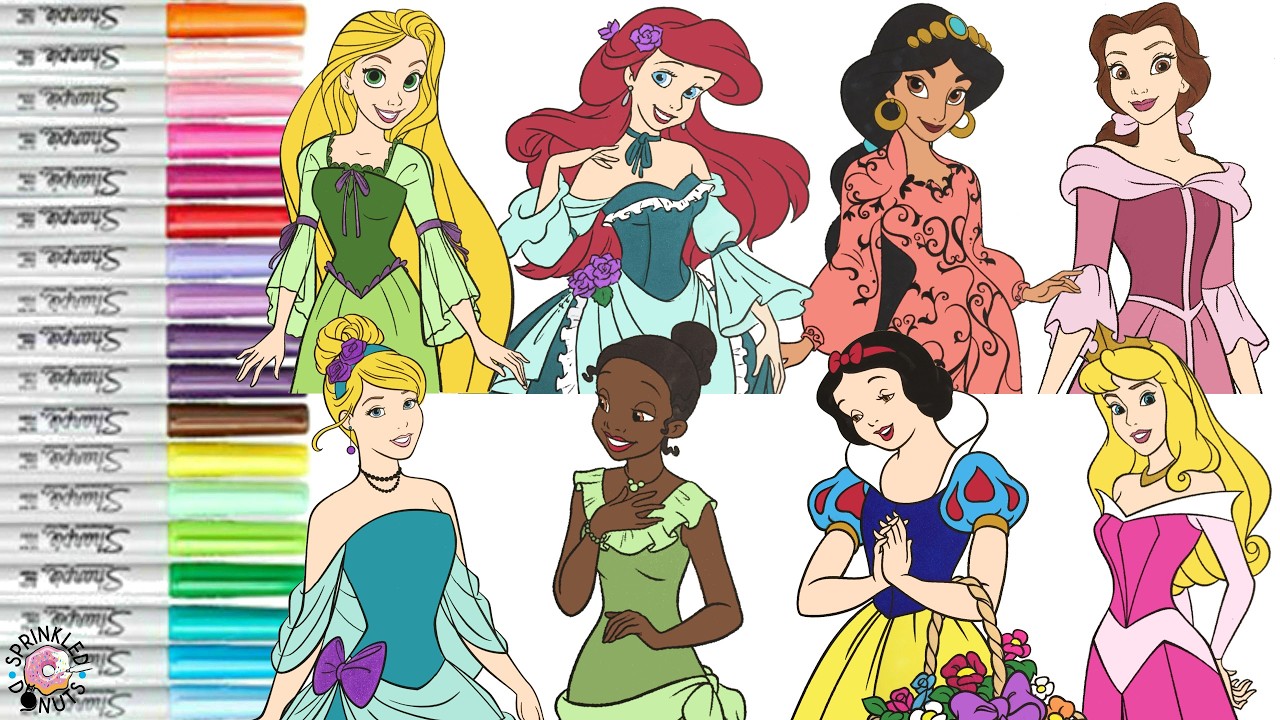 Disney Princess Coloring Book Compilation Ariel Aurora Belle Tiana Jasmine Rapunzel Cinderella Snow