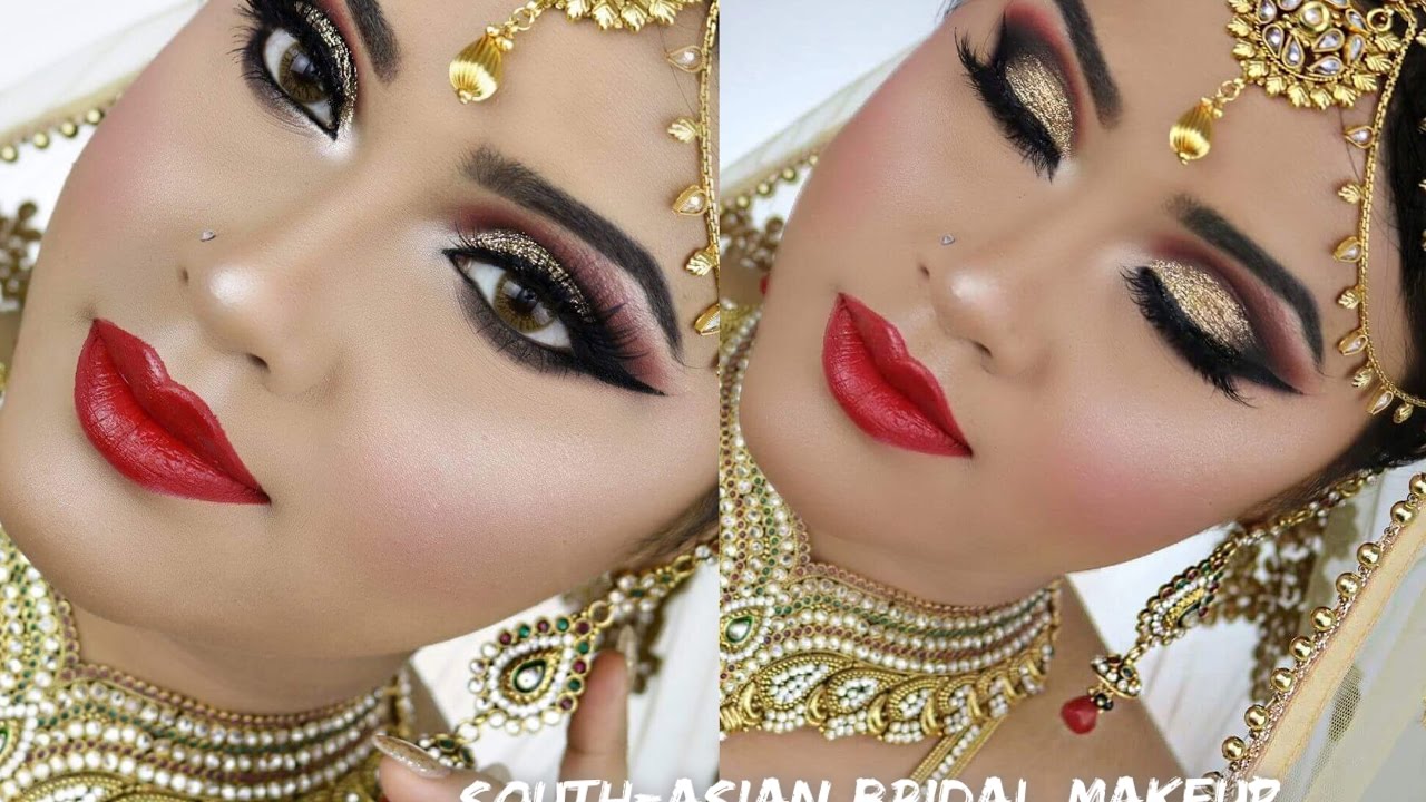 South Asian Bridal Makeup Nikah Gold Smokey Eyes With Red Lips