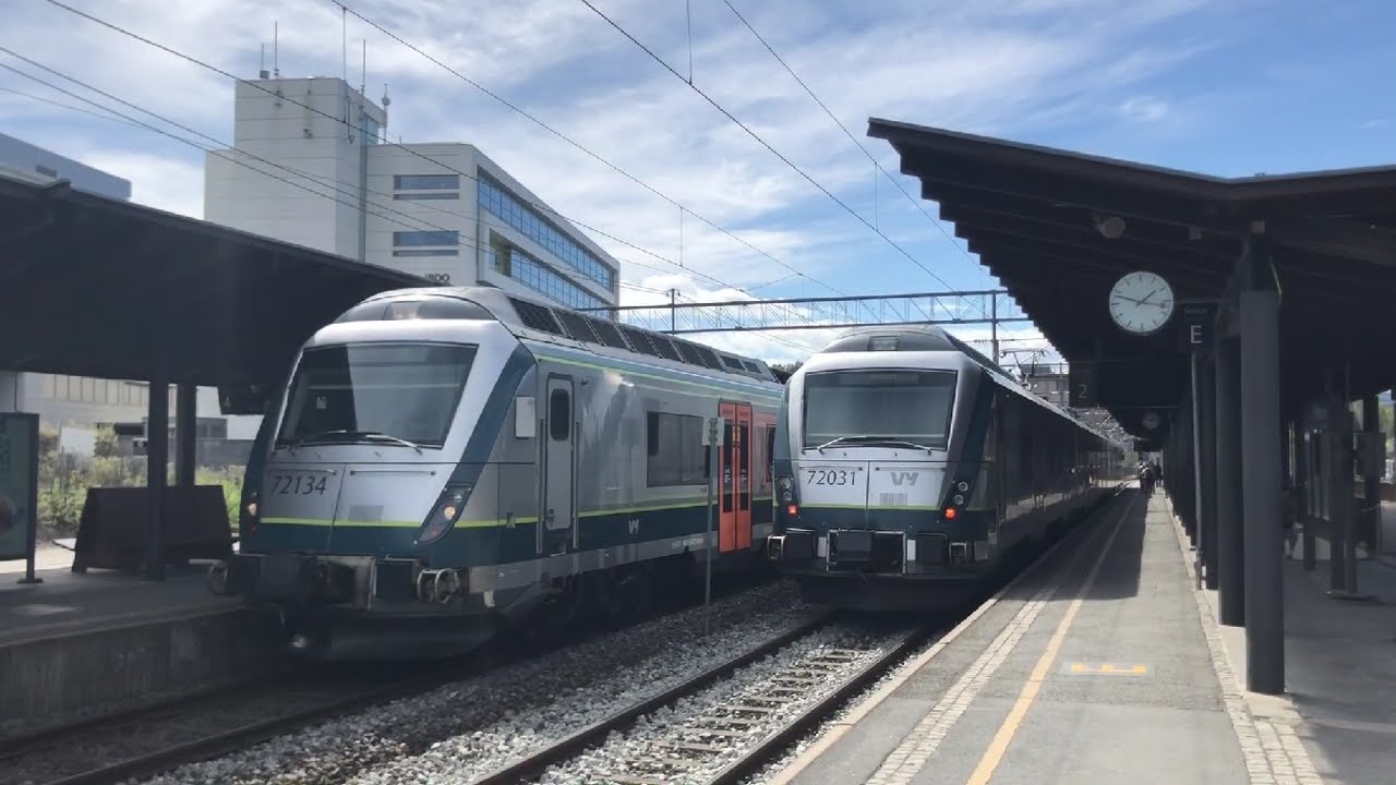 Trains at Sandvika station (Vy, Flytoget, Go-Ahead Nordic, CargoNet, Green Cargo and Grenland Rail)