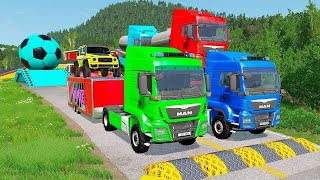 Double Flatbed Trailer Truck vs Speedbumps Train vs Cars | Tractor vs Train Beamng.Drive 001