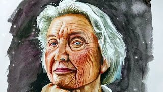 Time lapse of a old woman watercolor portrait