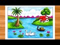 How to Draw Village Scenery with Swans and Boat Step by Step