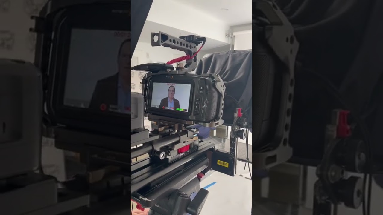 Corporate video rig with the BMPCC, Sachtler Tri-Pod, and Teleprompter