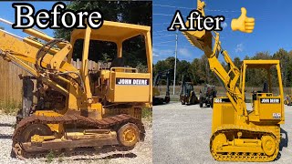 Major before and after restoration paint job of John Deere 455G crawler loader dozer repair for sale