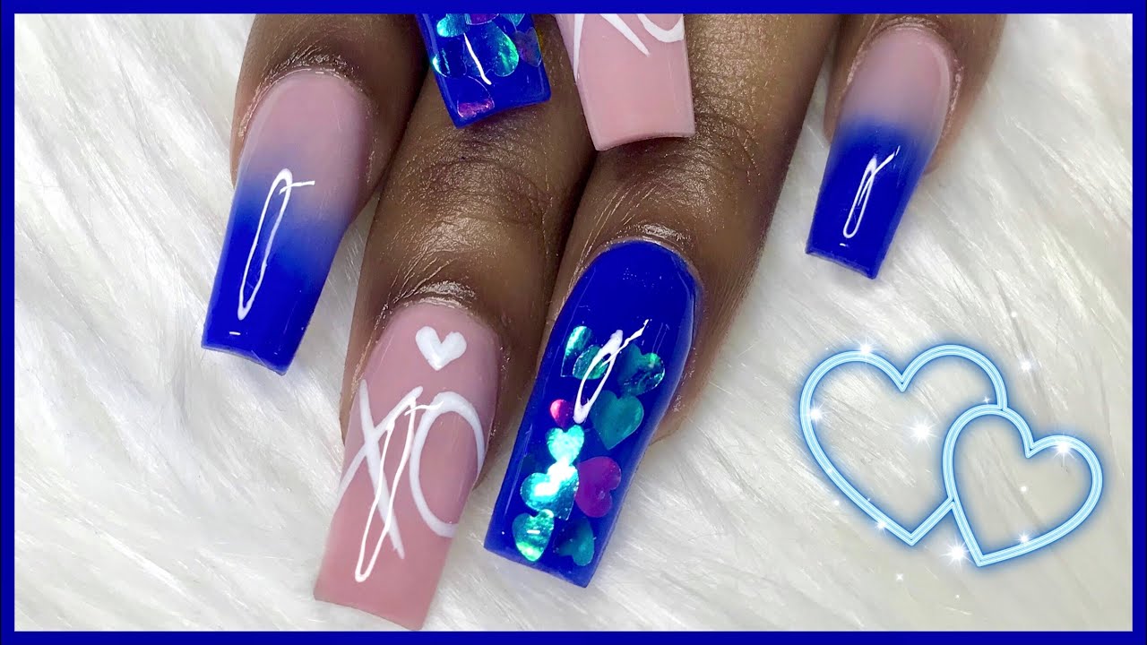 Watch Me Work: Blue Ombré Acrylic Nails Tutorial | Encapsulated Invisible  Hearts - YouTube